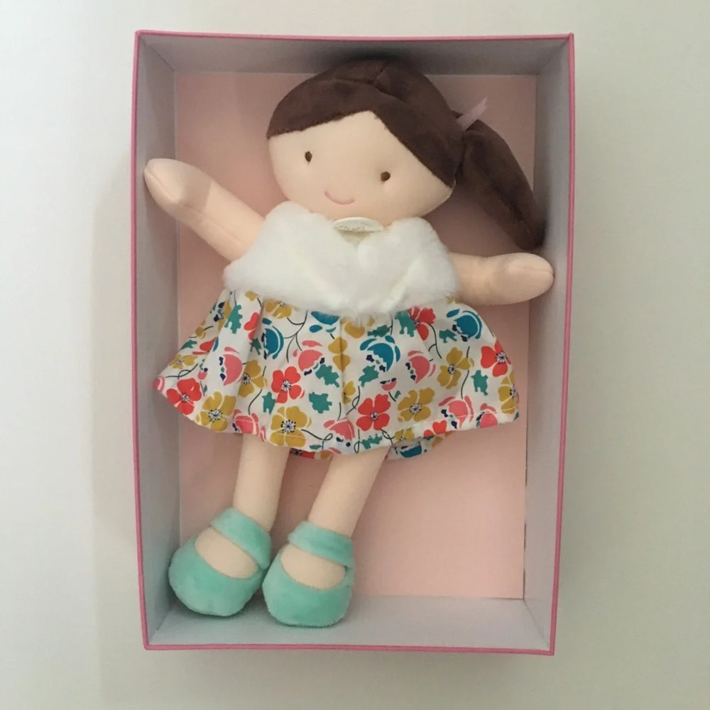 NEW Doll Brown Hair Floral Dress Soft Baby Toy Infant Toddler Gift Box | Jolijou